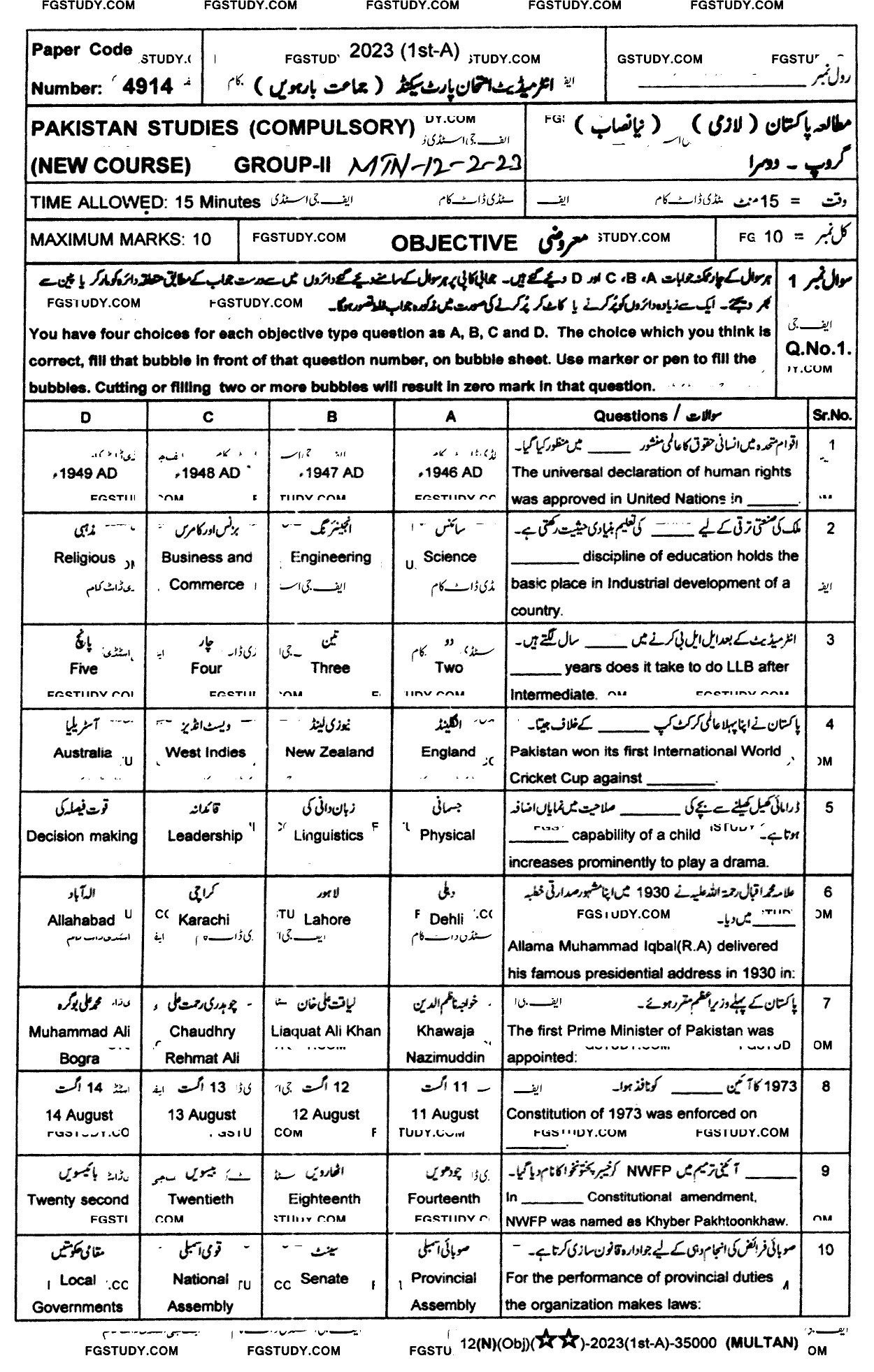12th Class Pakistan Studies Past Paper 2023 Multan Board Group 2 Objective