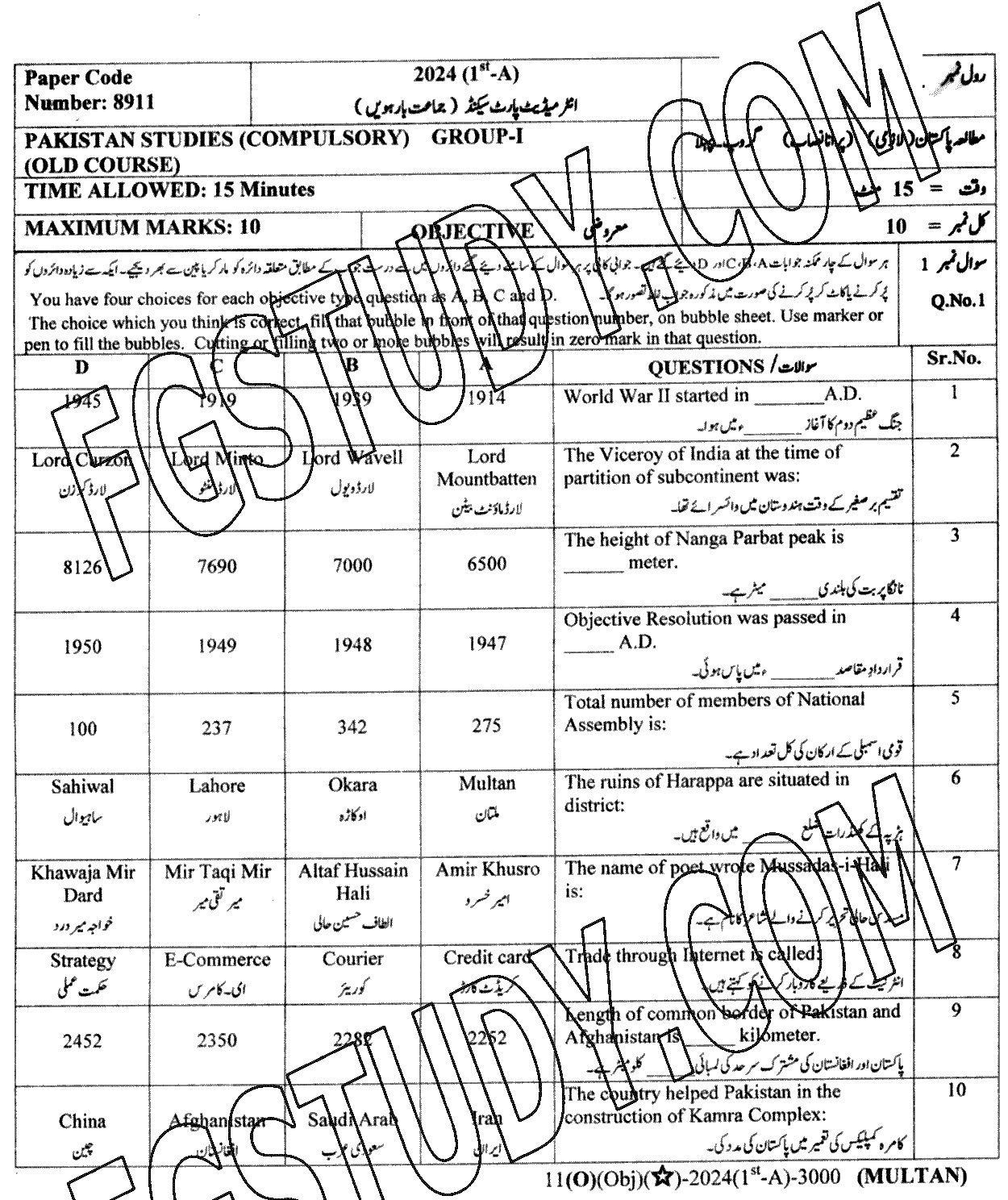 12th Class Pakistan Studies Past Paper 2024 Multan Board Group 1 Objective