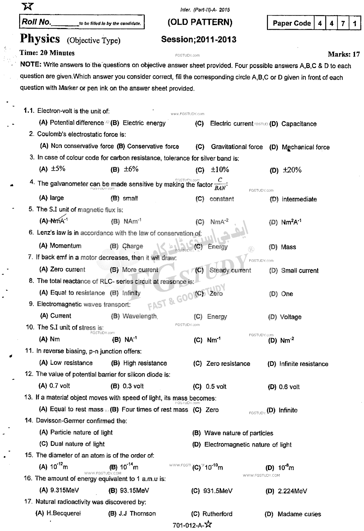 12th Class Physics Past Paper 2015 Rawalpindi Board Objective