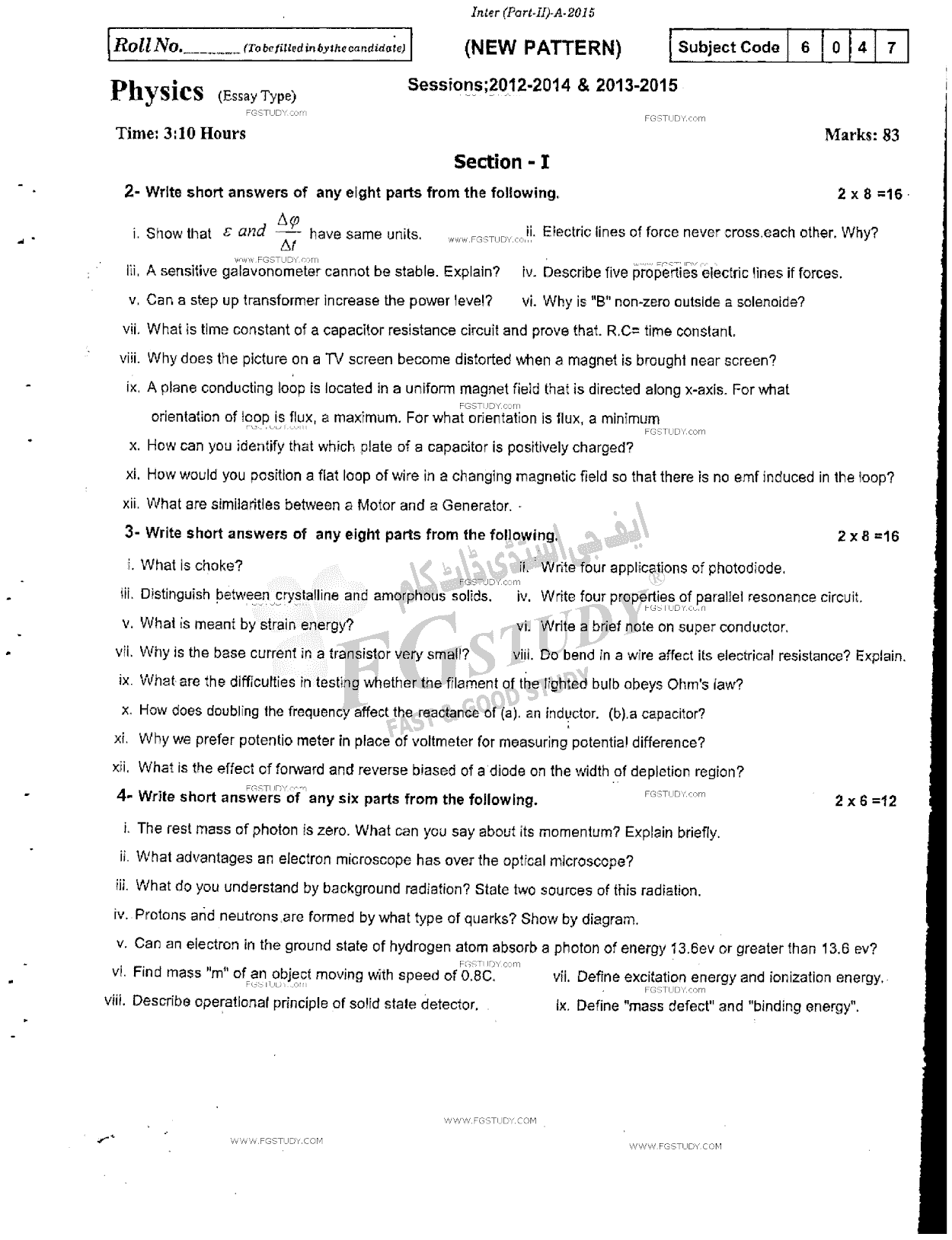 12th Class Physics Past Paper 2015 Rawalpindi Board Subjective