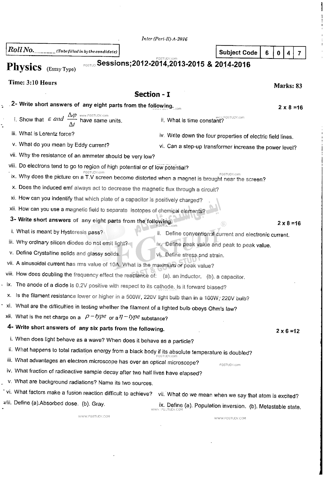 12th Class Physics Past Paper 2016 Rawalpindi Board Subjective