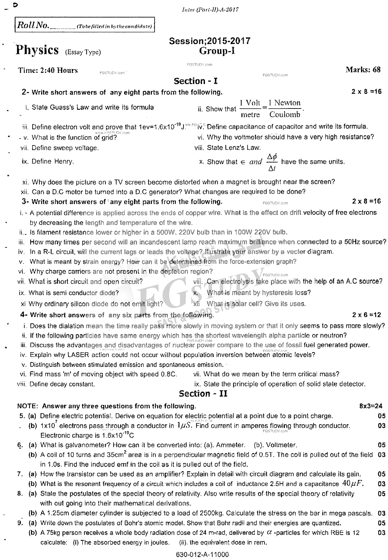 12th Class Physics Past Paper 2017 Rawalpindi Board Group 1 Subjective