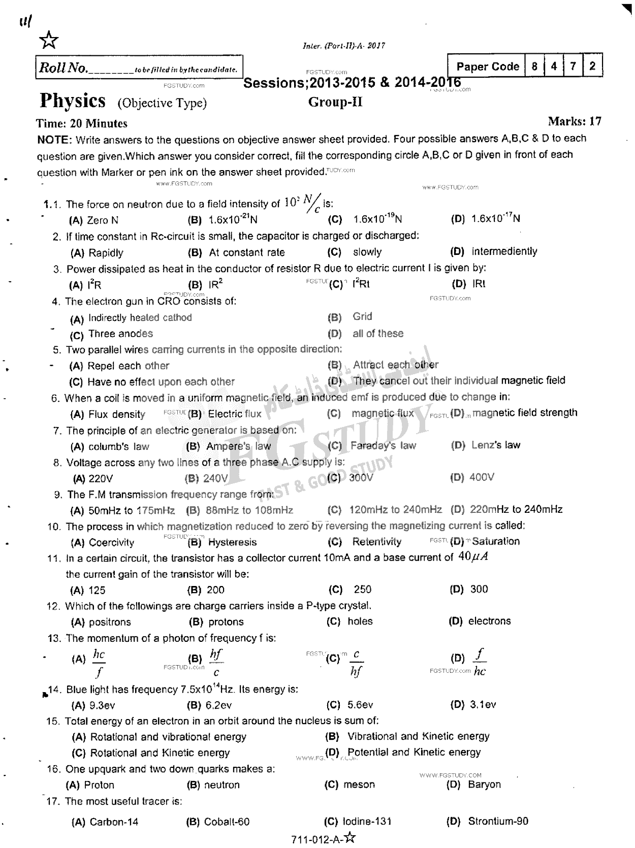 12th Class Physics Past Paper 2017 Rawalpindi Board Group 2 Objective