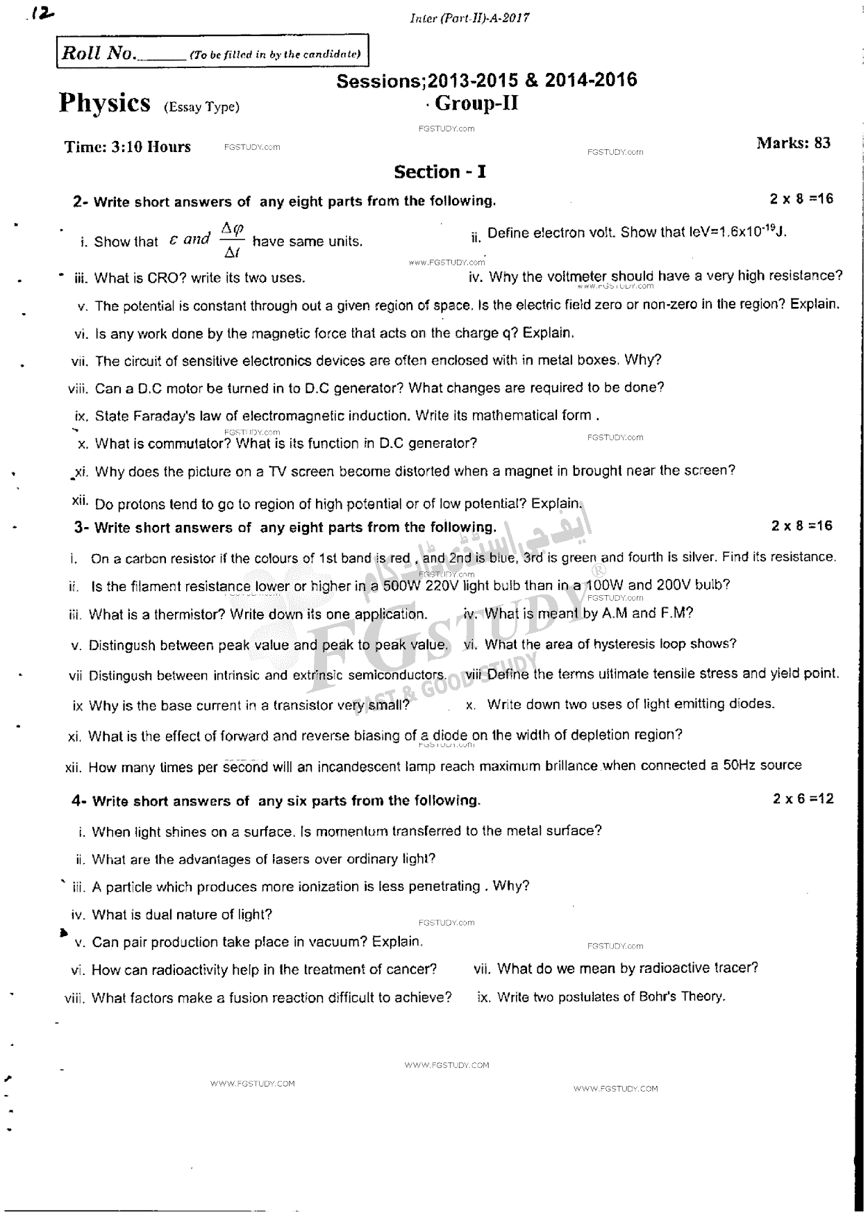 12th Class Physics Past Paper 2017 Rawalpindi Board Group 2 Subjective