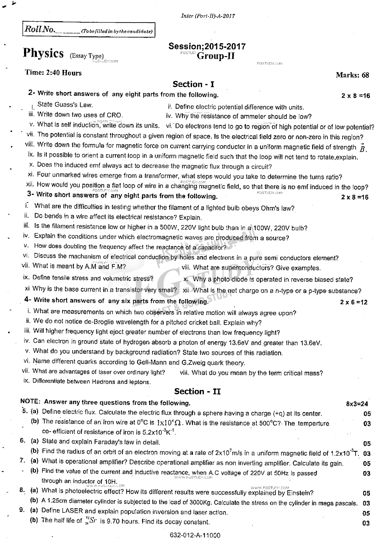 12th Class Physics Past Paper 2017 Rawalpindi Board Group 2 Subjective