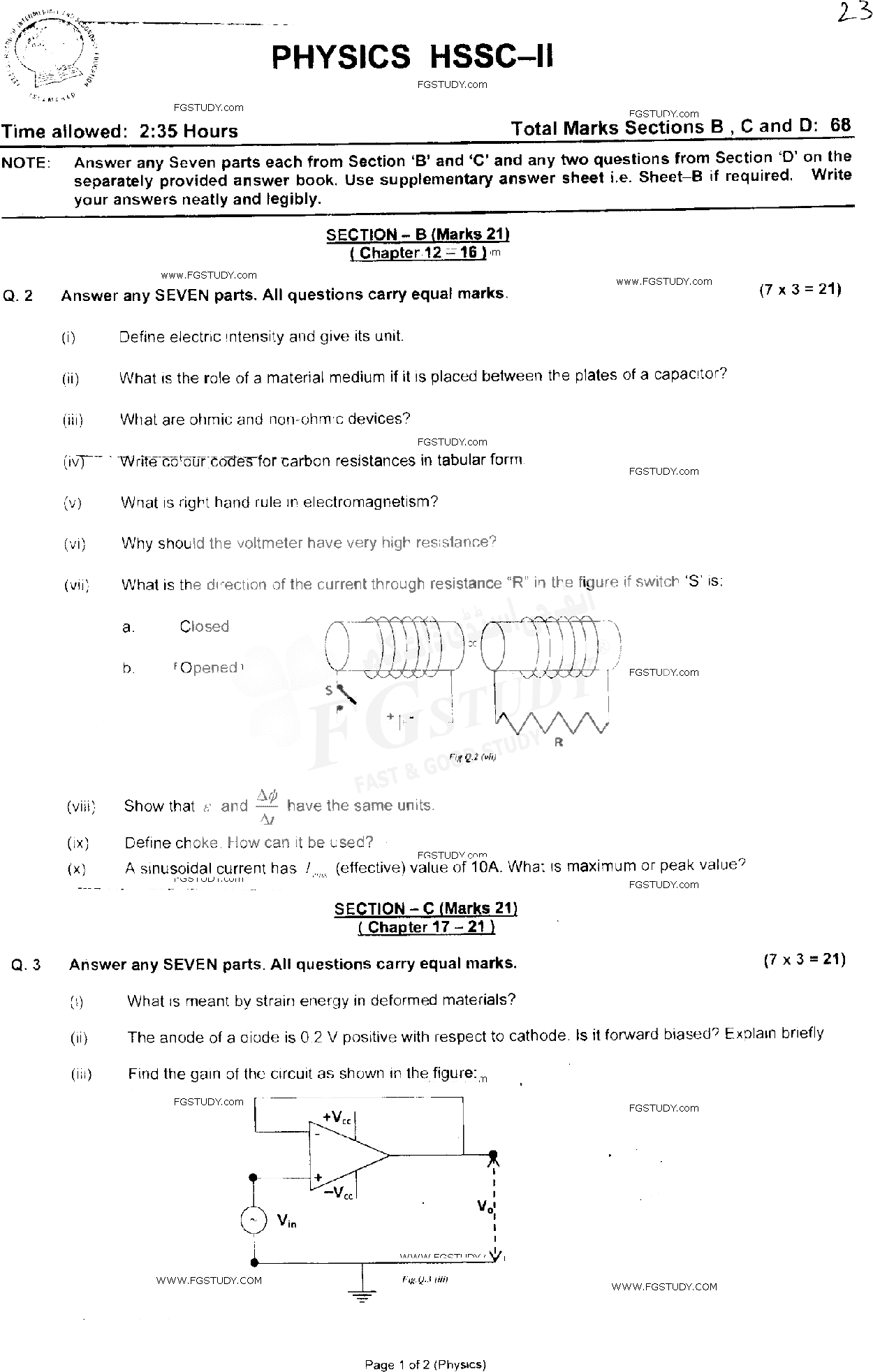 12th Class Physics Past Paper 2018 Federal Board Islamabad Subjective