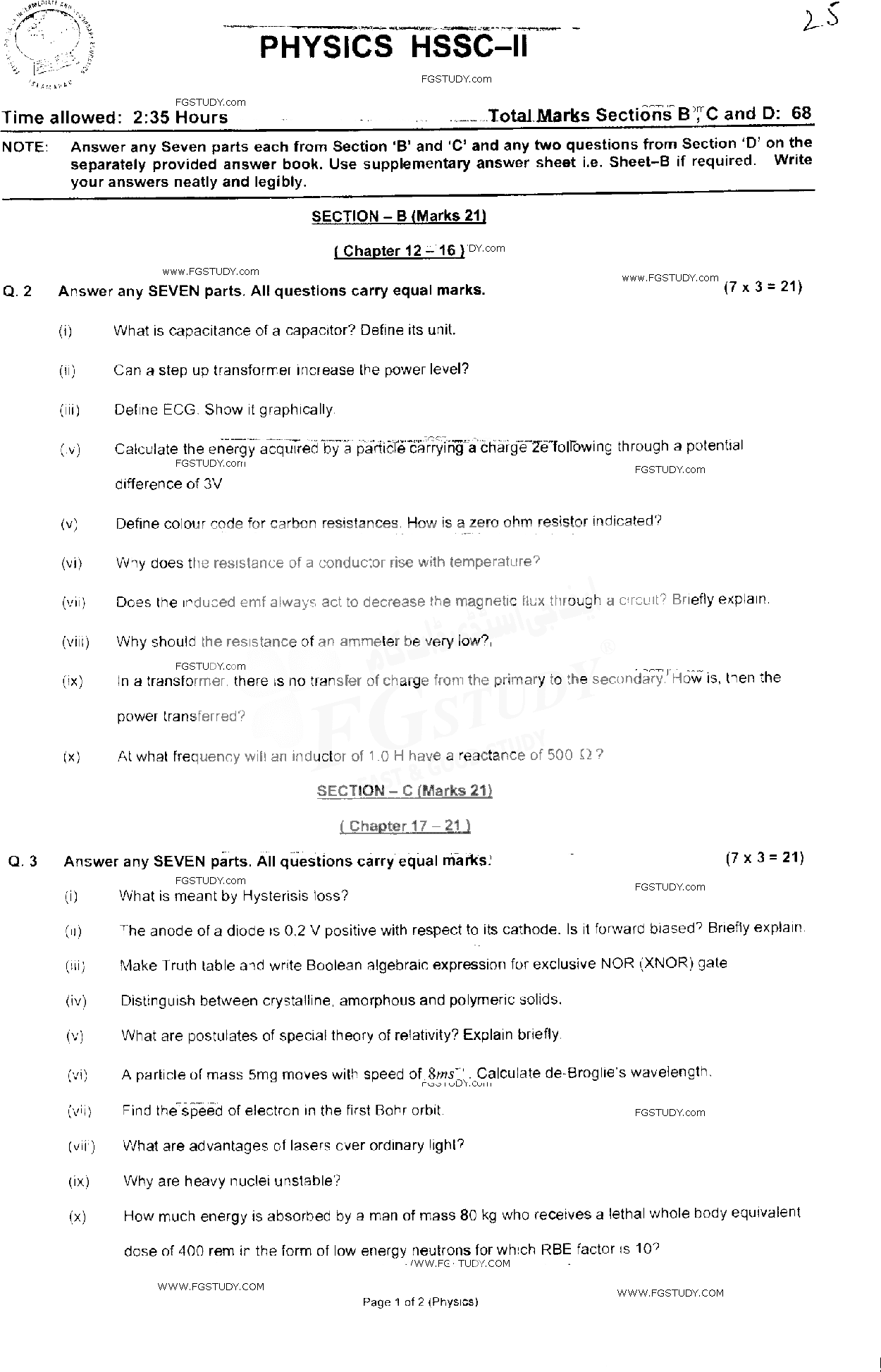 12th Class Physics Past Paper 2018 Federal Board Islamabad Subjective