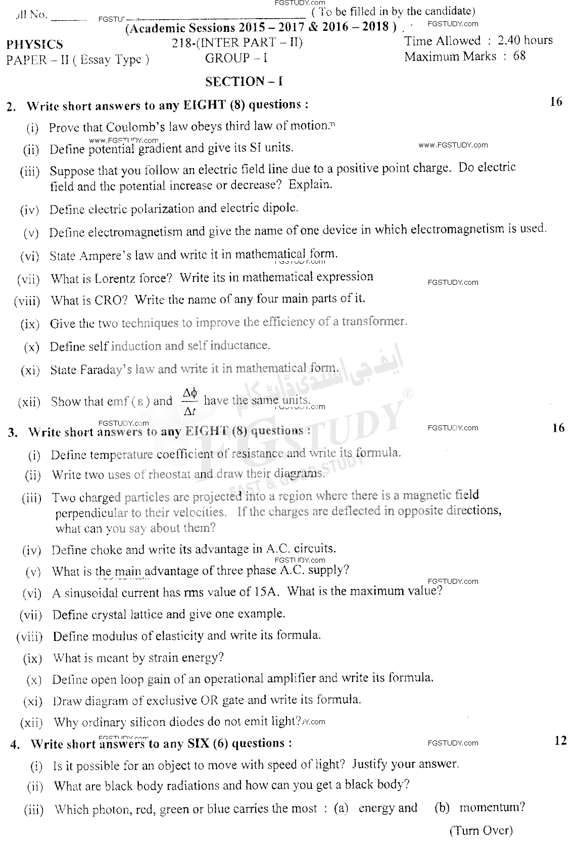 12th Class Physics Past Paper 2018 Lahore Board Group 1 Subjective