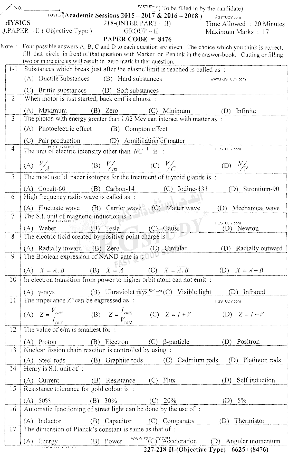 12th Class Physics Past Paper 2018 Lahore Board Group 2 Objective