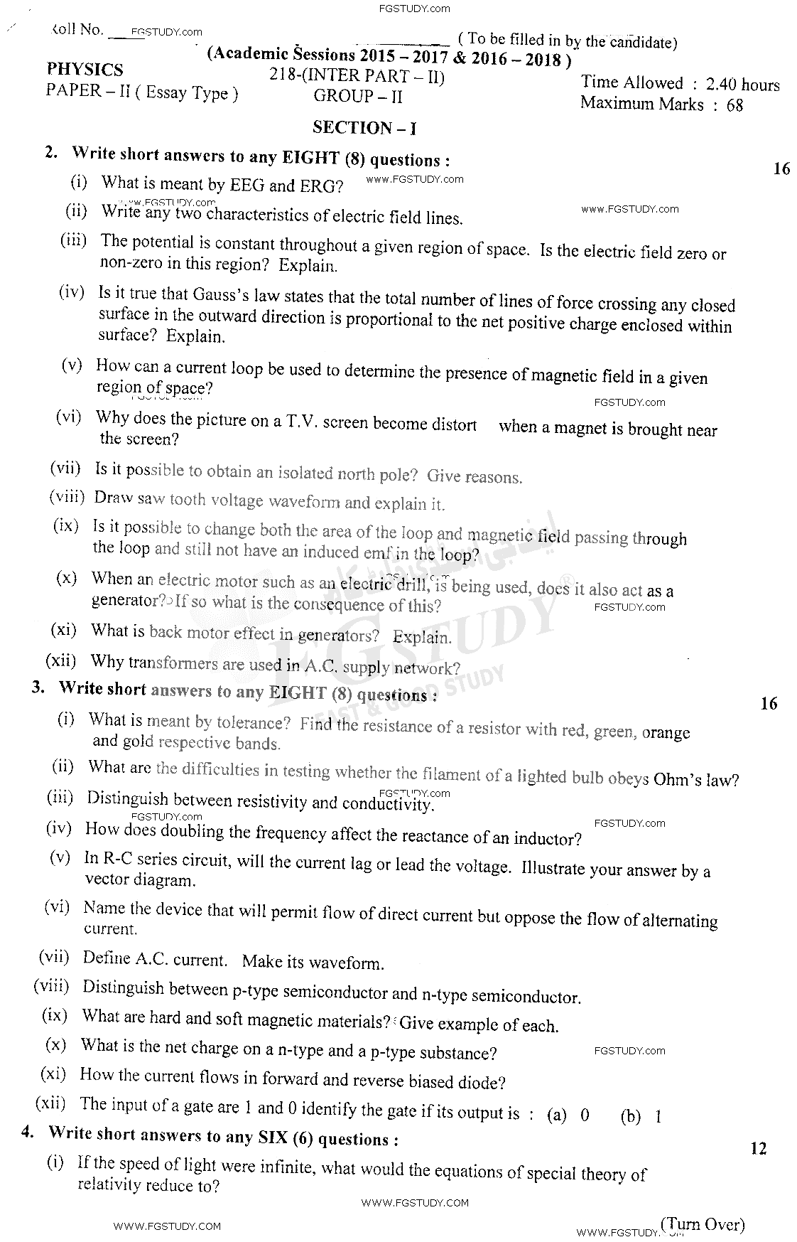 12th Class Physics Past Paper 2018 Lahore Board Group 2 Subjective