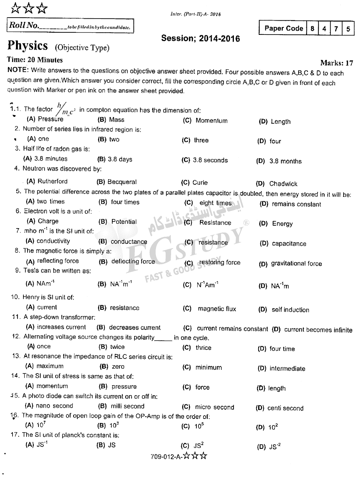 12th Class Physics Past Paper 2018 Rawalpindi Board Objective