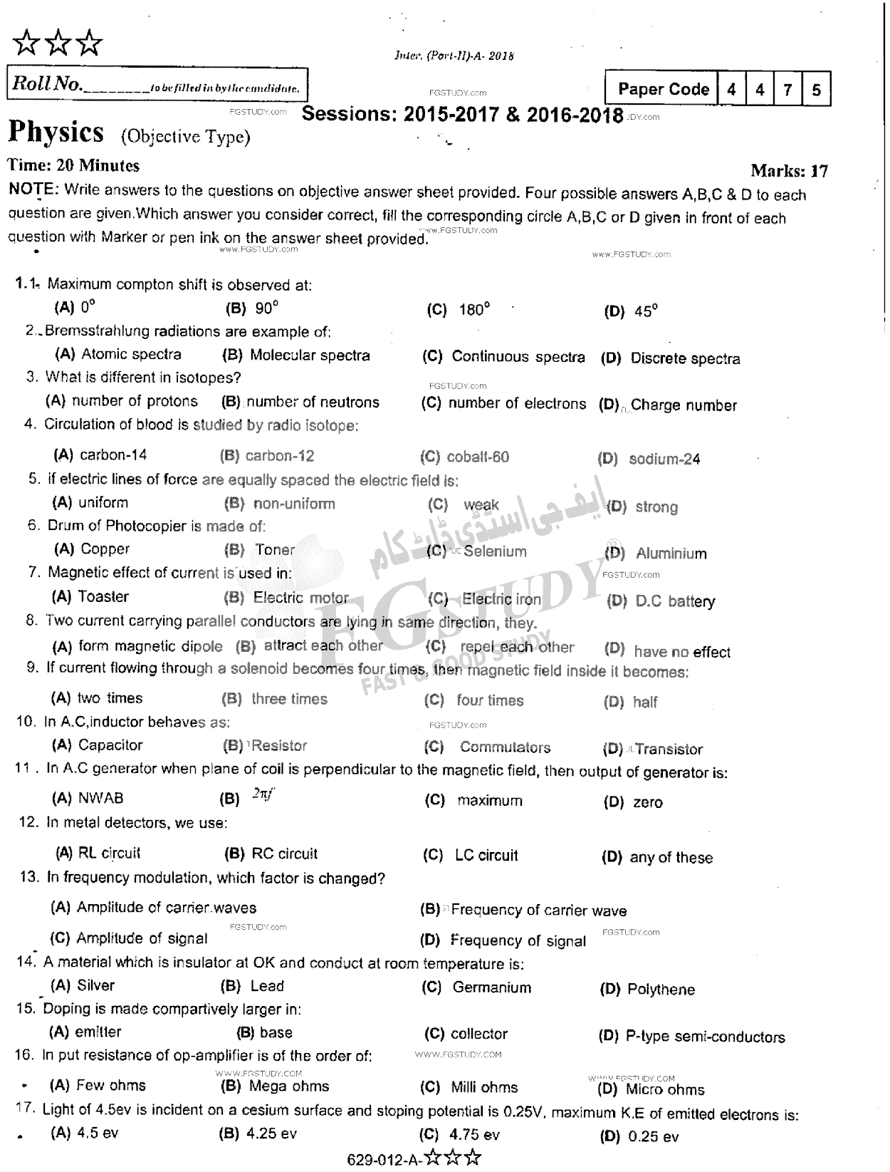 12th Class Physics Past Paper 2018 Rawalpindi Board Objective