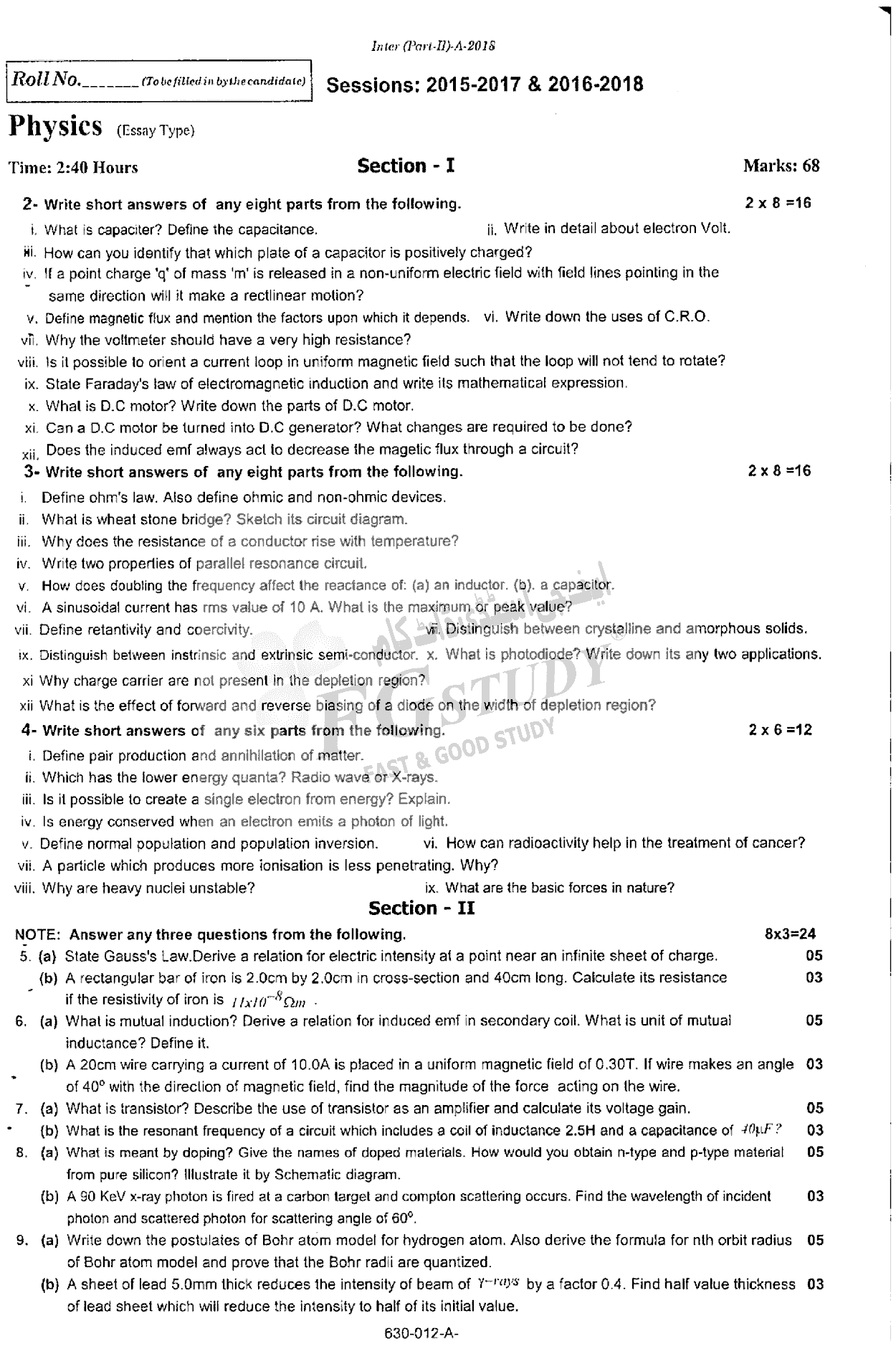 12th Class Physics Past Paper 2018 Rawalpindi Board Subjective