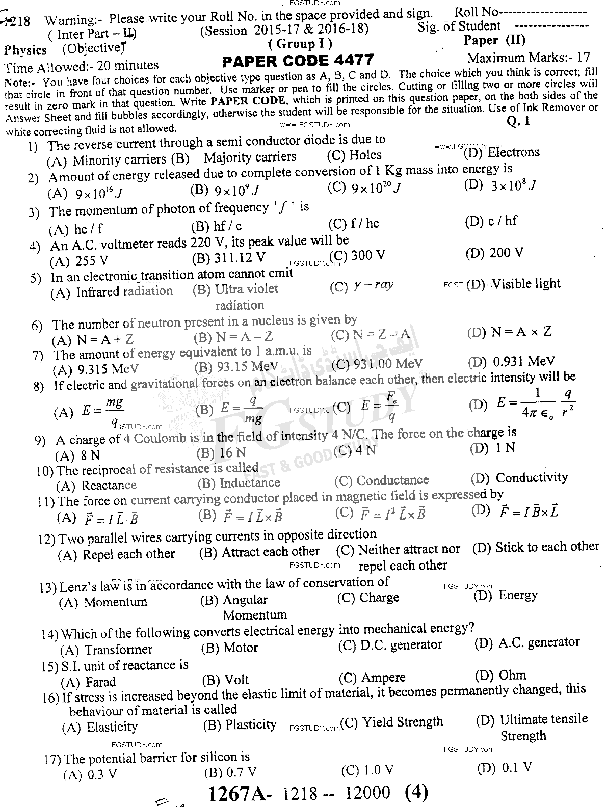12th Class Physics Past Paper 2018 Sargodha Board Group 1 Objective