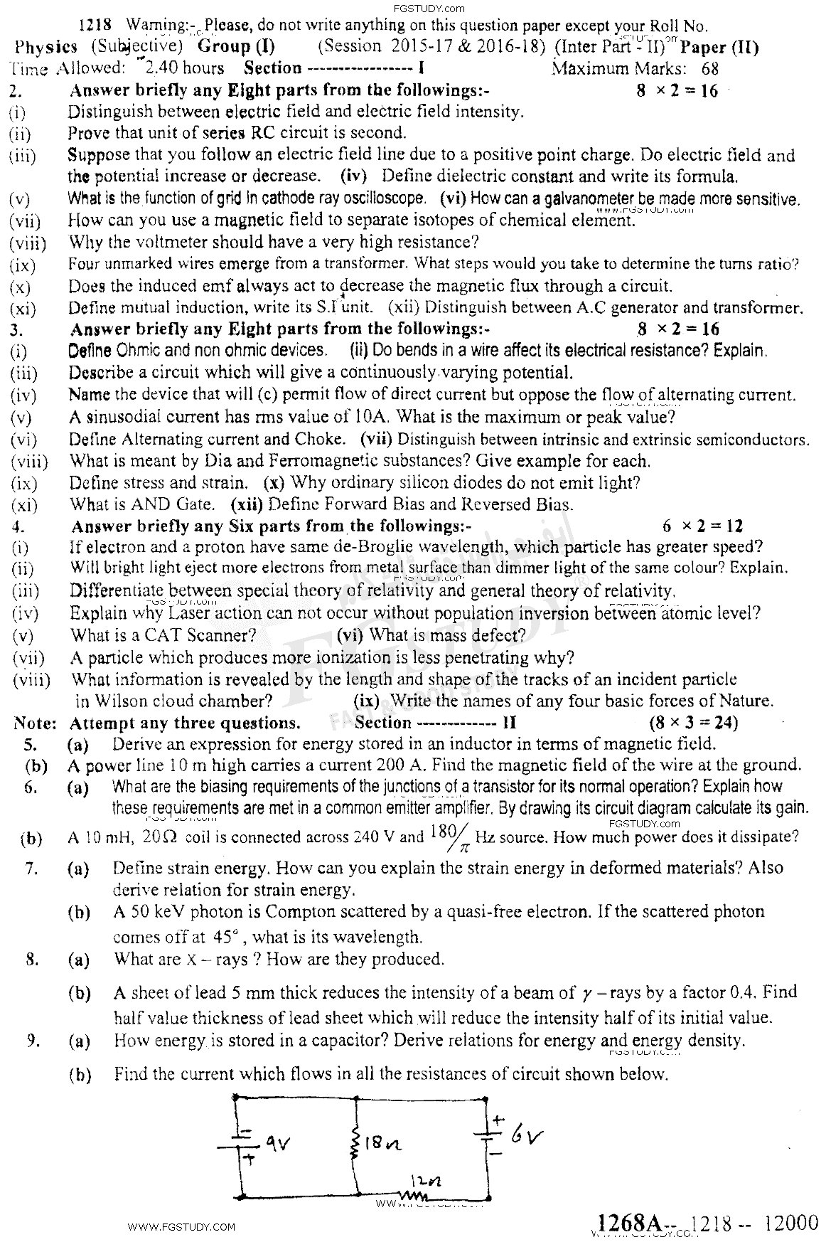 12th Class Physics Past Paper 2018 Sargodha Board Group 1 Subjective