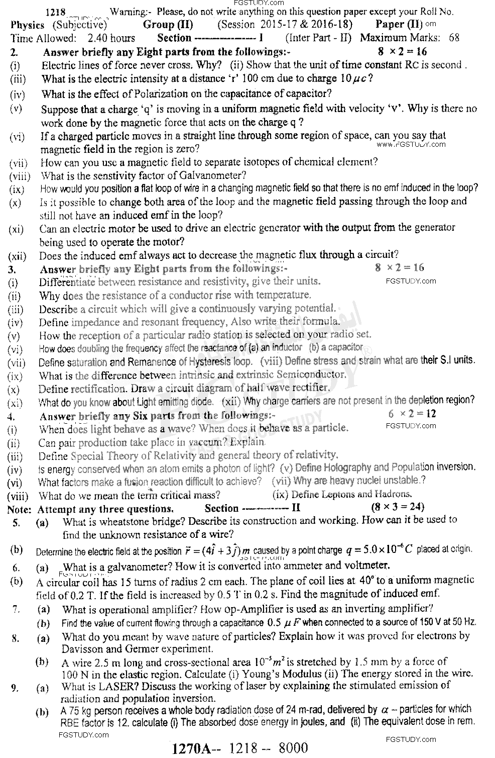 12th Class Physics Past Paper 2018 Sargodha Board Group 2 Subjective