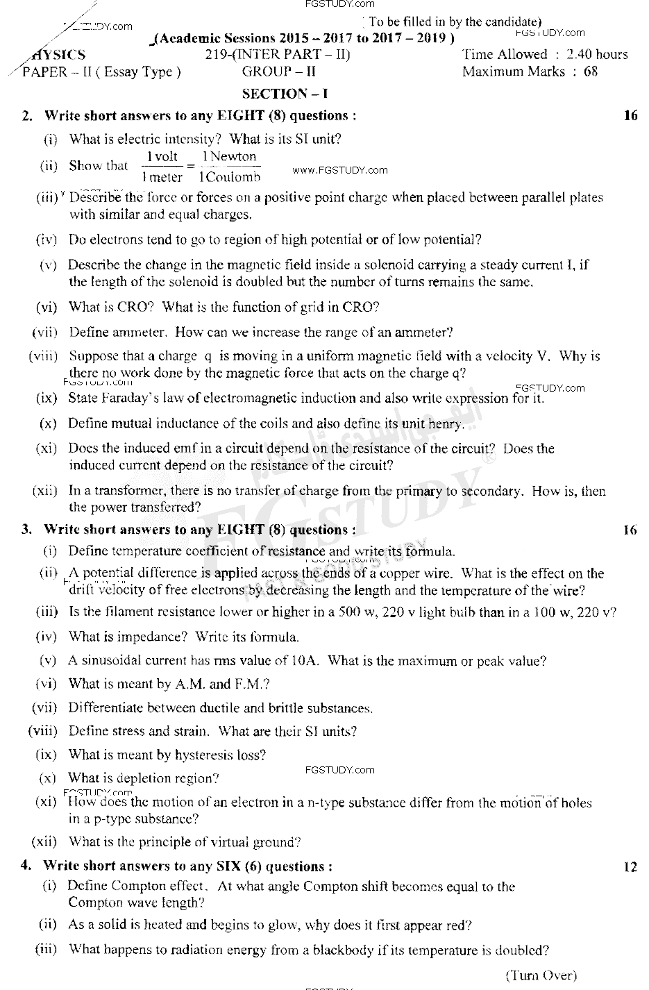 12th Class Physics Past Paper 2019 Lahore Board Group 2 Subjective