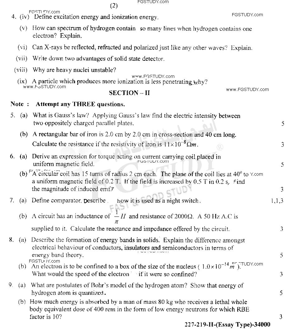 12th Class Physics Past Paper 2019 Lahore Board Group 2 Subjective