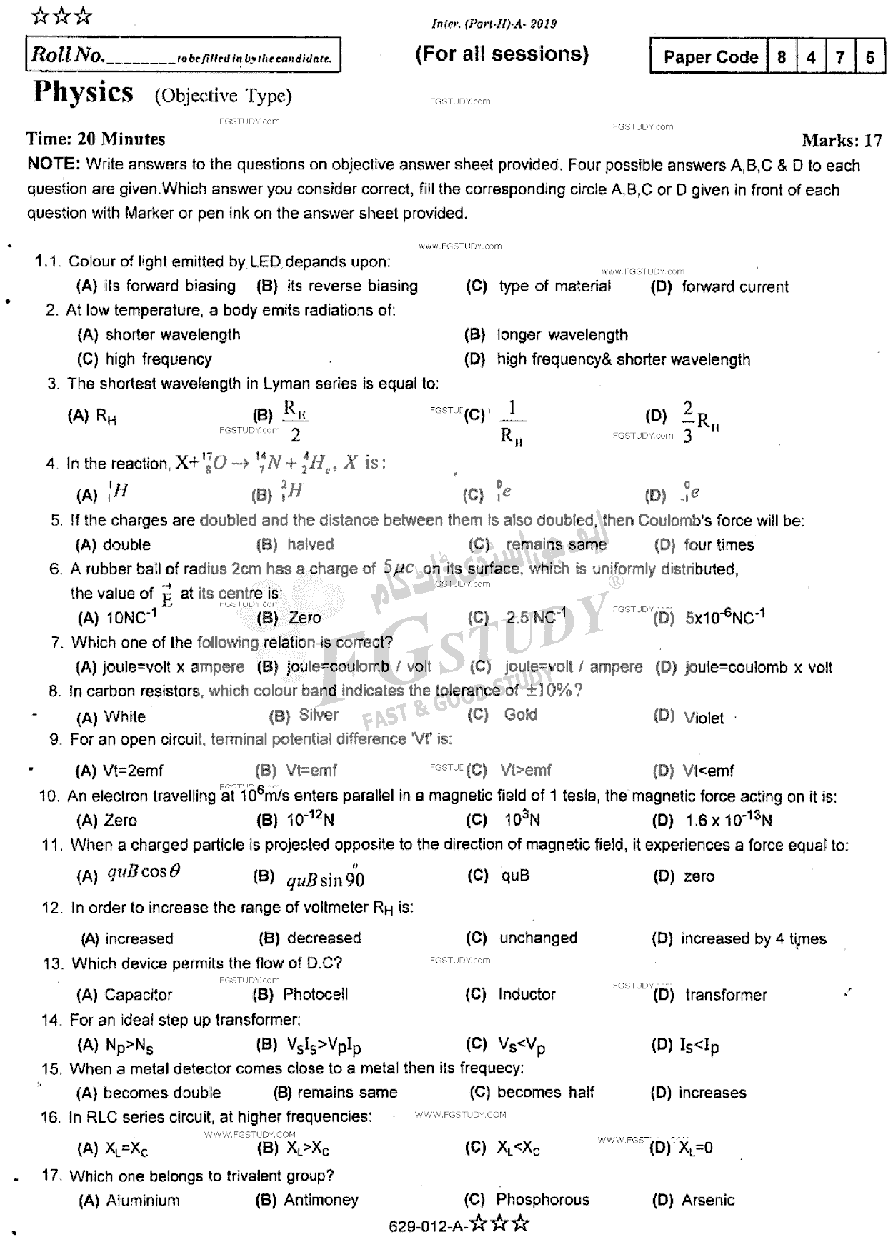 12th Class Physics Past Paper 2019 Rawalpindi Board Objective