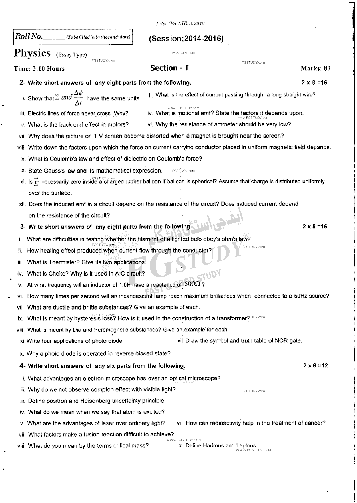 12th Class Physics Past Paper 2019 Rawalpindi Board Subjective