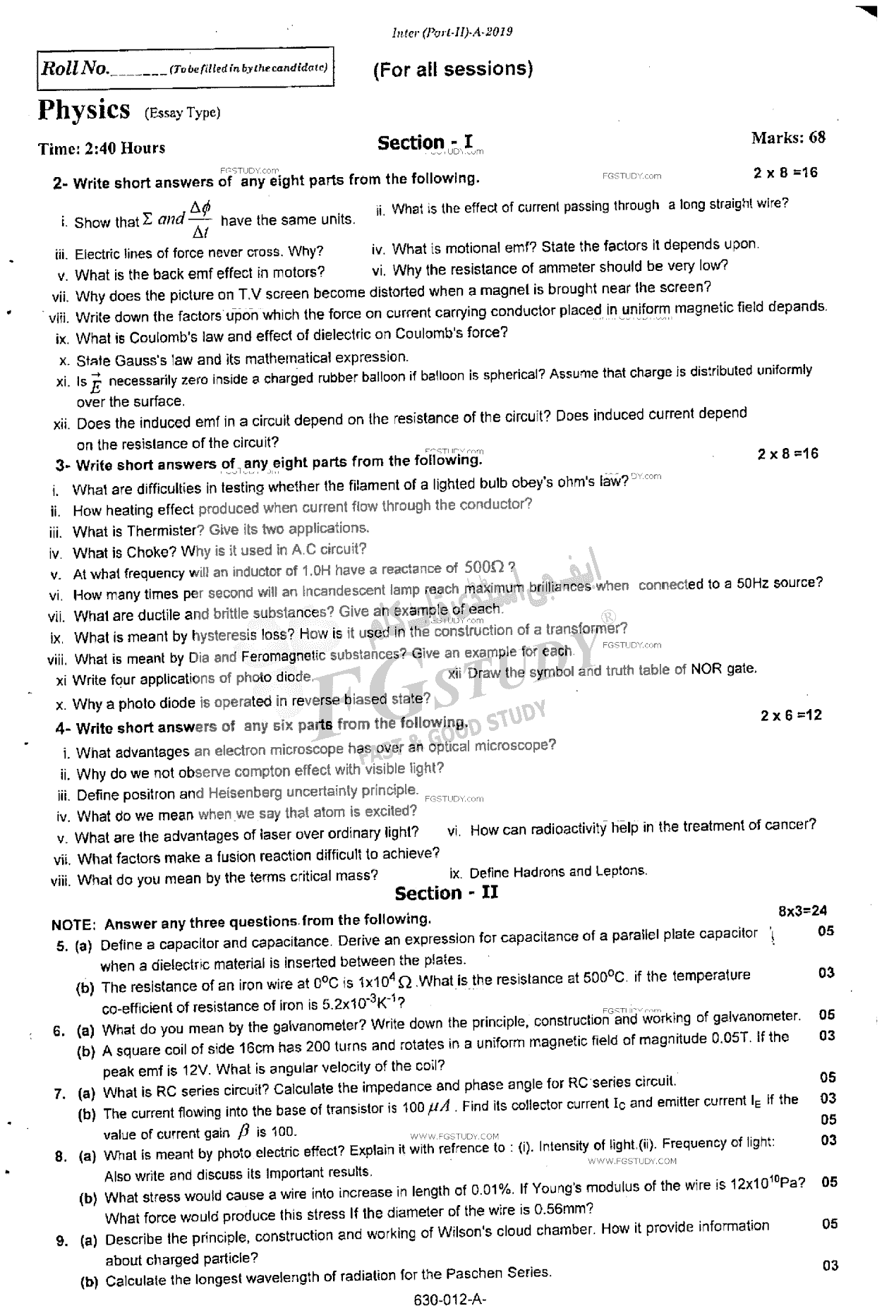 12th Class Physics Past Paper 2019 Rawalpindi Board Subjective