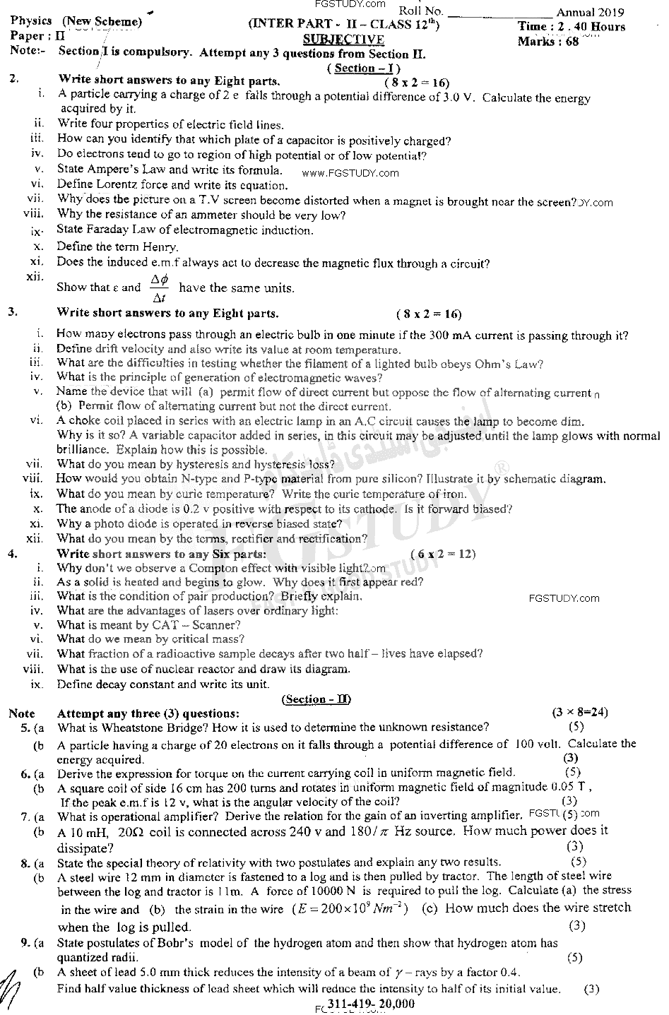 12th Class Physics Past Paper 2019 Sahiwal Board Subjective