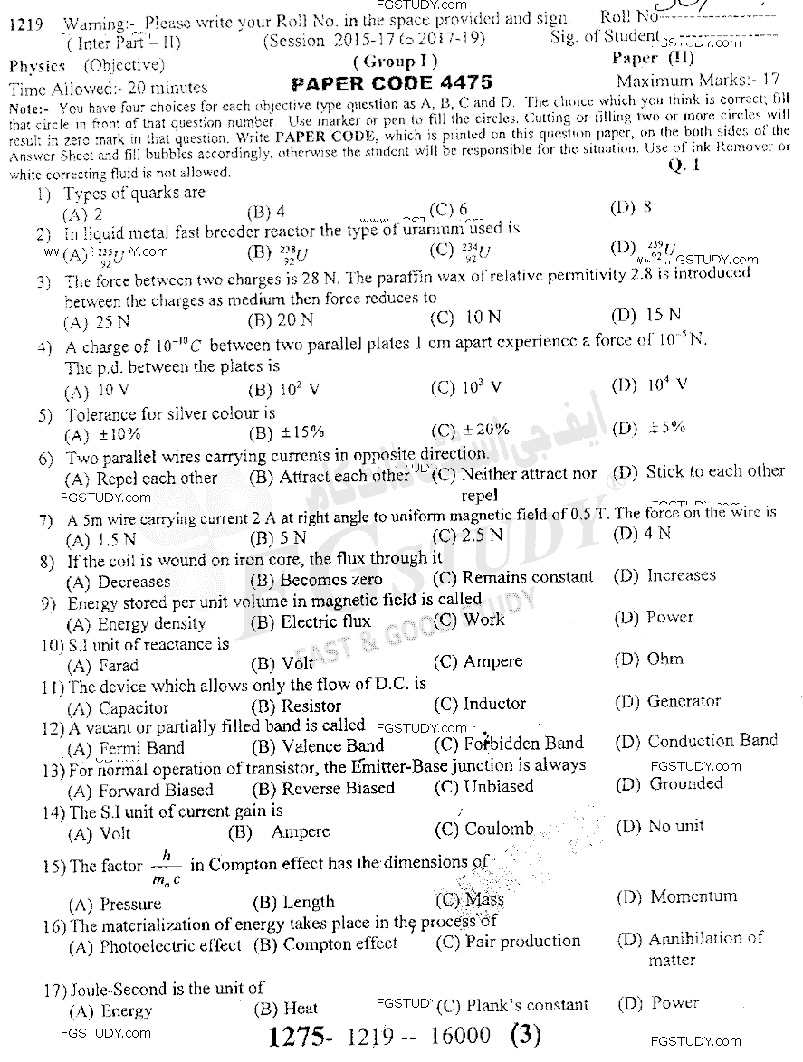 12th Class Physics Past Paper 2019 Sargodha Board Group 1 Objective