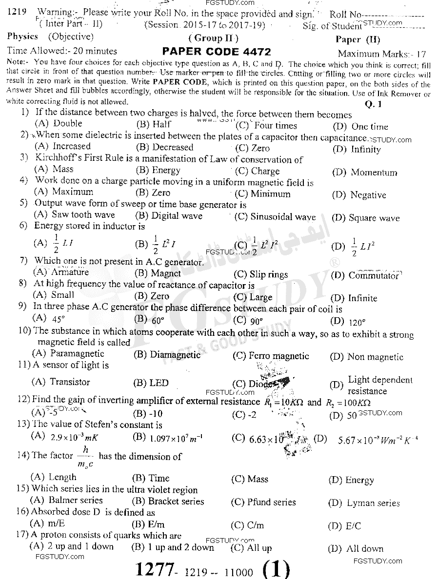 12th Class Physics Past Paper 2019 Sargodha Board Group 2 Objective