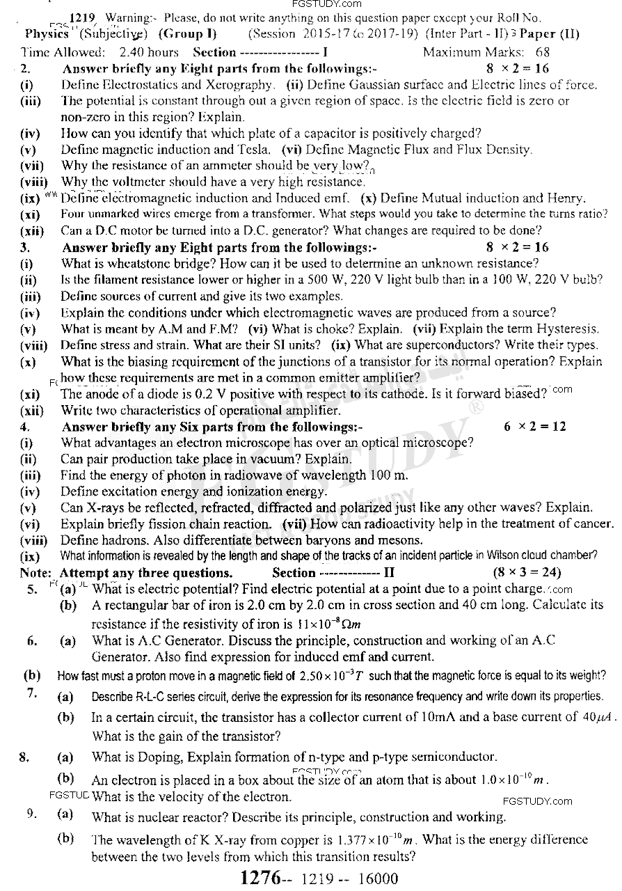 12th Class Physics Past Paper 2019 Sargodha Board Group 1 Subjective