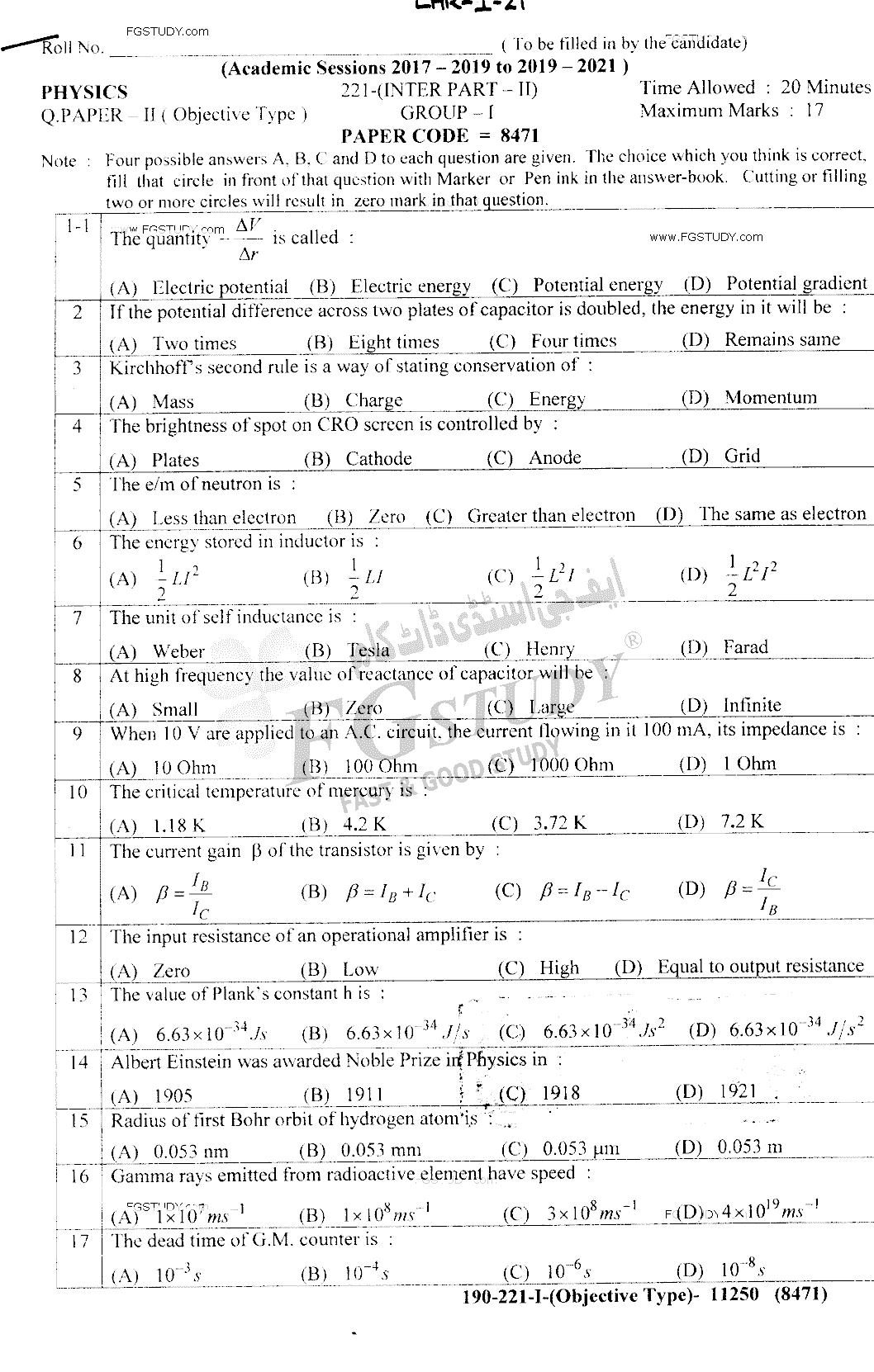 12th Class Physics Past Paper 2021 Lahore Board Group 1 Objective