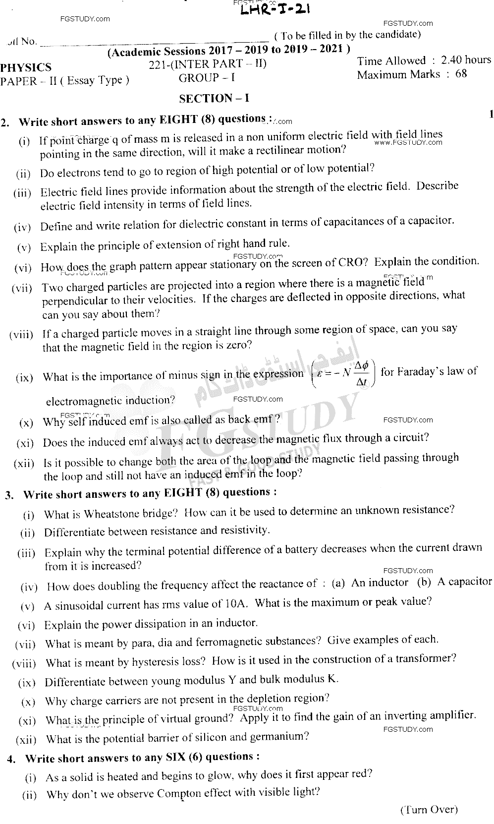 12th Class Physics Past Paper 2021 Lahore Board Group 1 Subjective