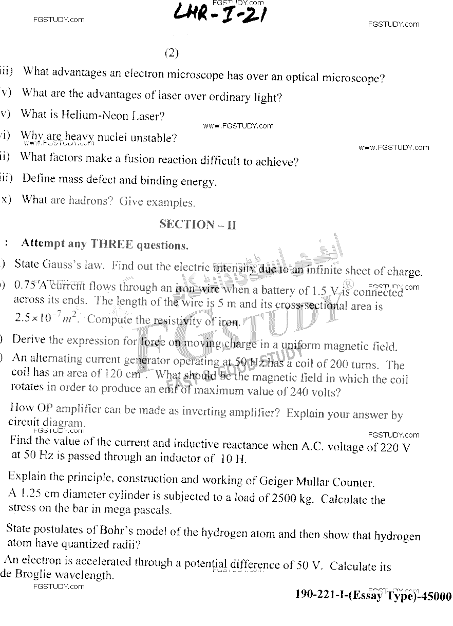 12th Class Physics Past Paper 2021 Lahore Board Group 1 Subjective