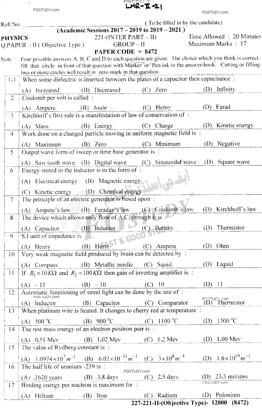 12th Class Physics Past Paper 2021 Lahore Board Group 2 Objective