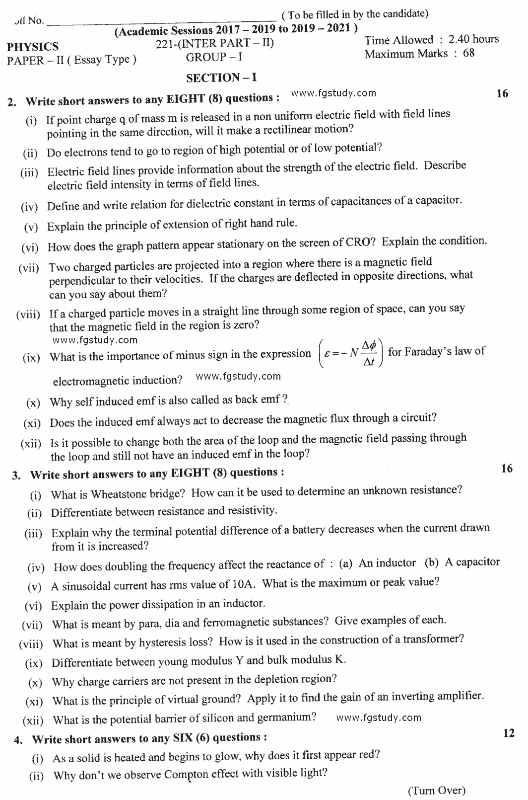 12th Class Physics Past Paper 2021 Lahore Board Group 2 Subjective