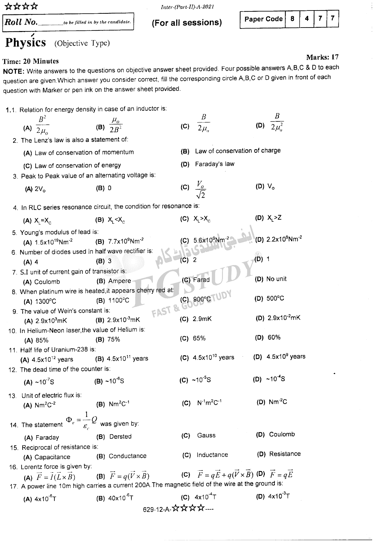 12th Class Physics Past Paper 2021 Rawalpindi Board Objective