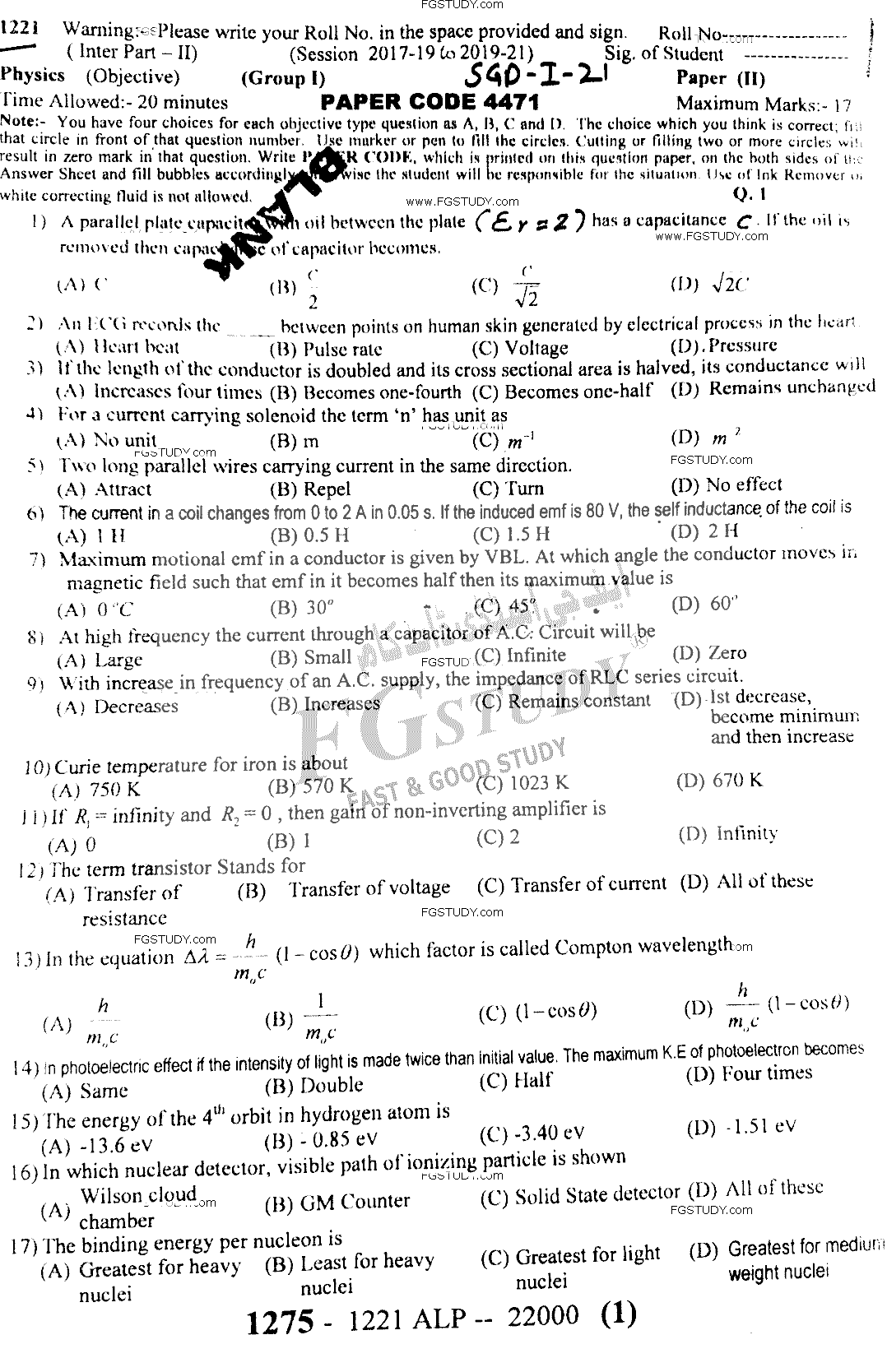 12th Class Physics Past Paper 2021 Sargodha Board Group 1 Objective