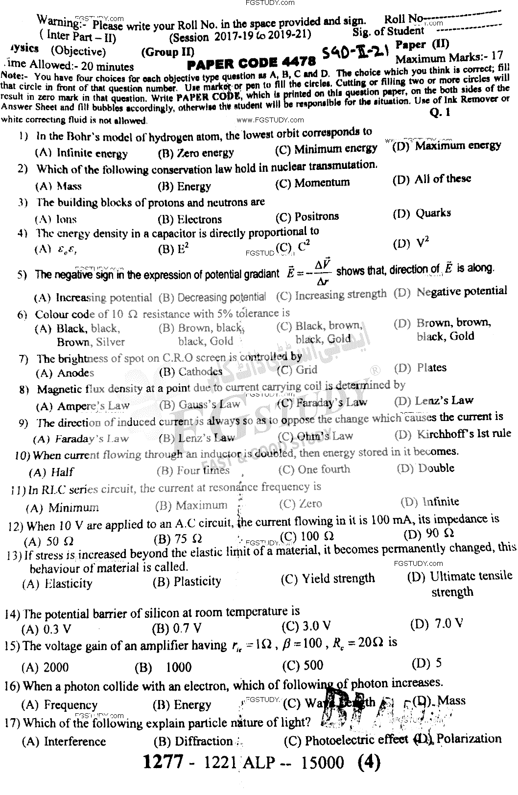 12th Class Physics Past Paper 2021 Sargodha Board Group 2 Objective