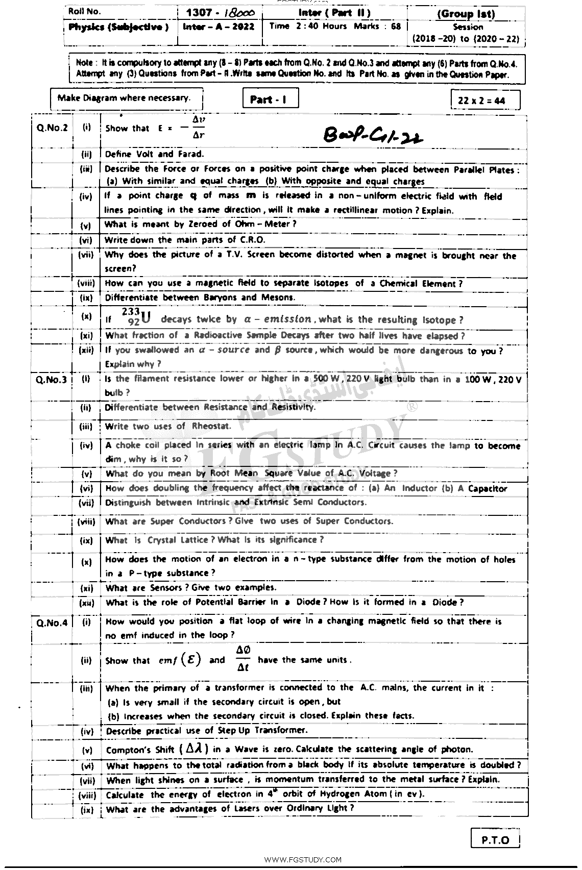 12th Class Physics Past Paper 2022 Bahawalpur Board Group 1 Subjective