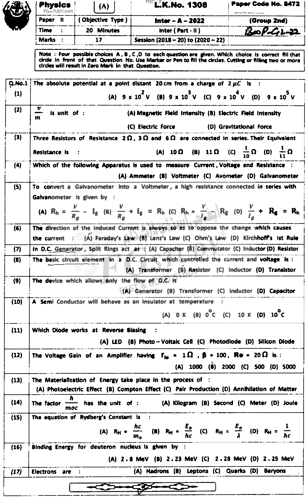 12th Class Physics Past Paper 2022 Bahawalpur Board Group 2 Objective