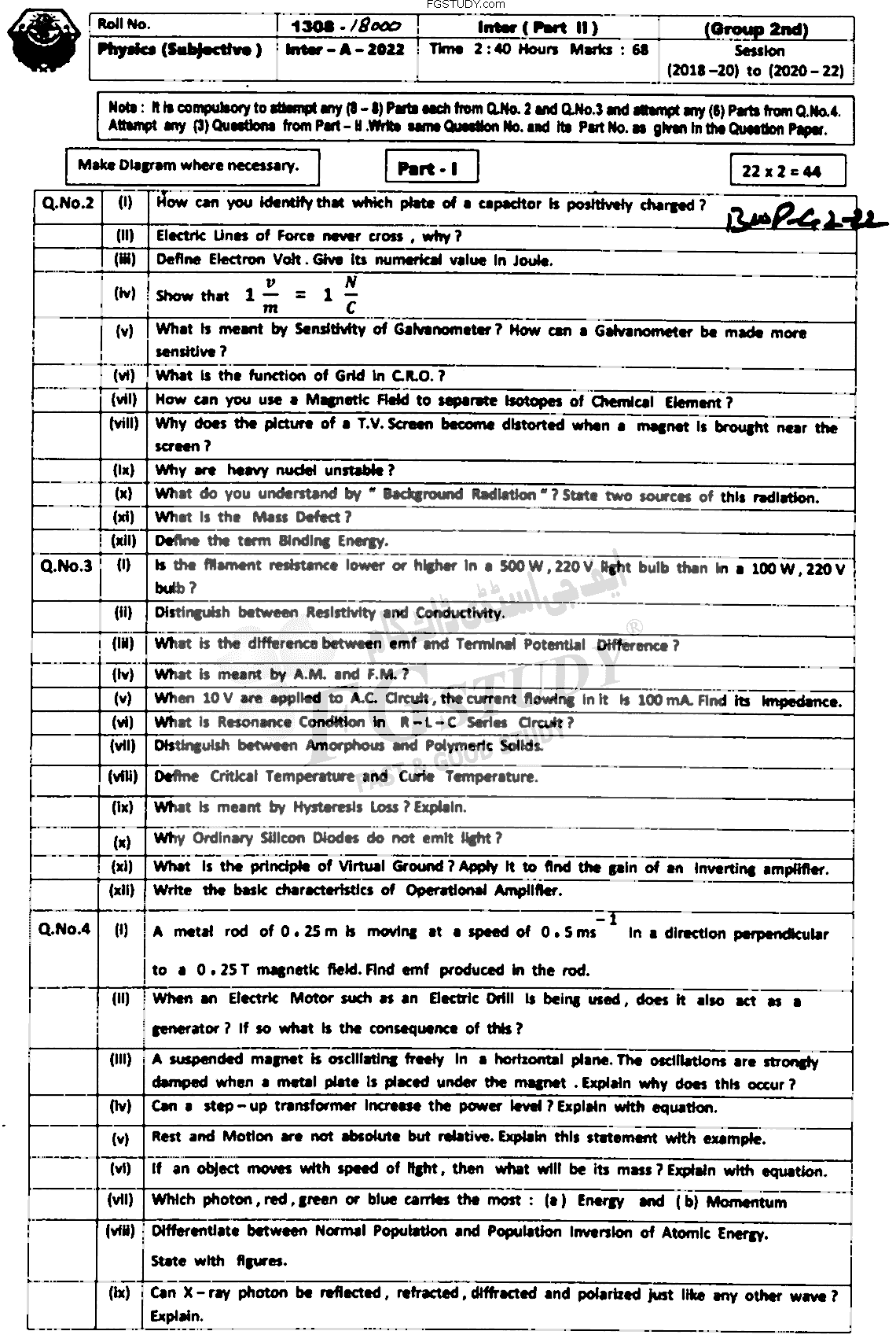12th Class Physics Past Paper 2022 Bahawalpur Board Group 2 Subjective