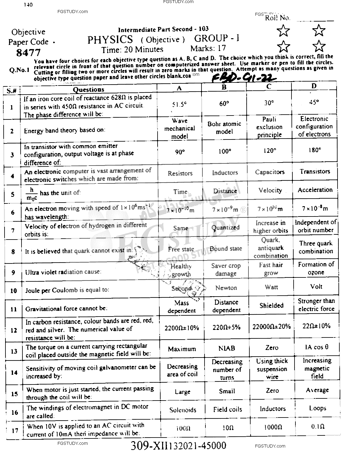 12th Class Physics Past Paper 2022 Faisalabad Board Group 1 Objective
