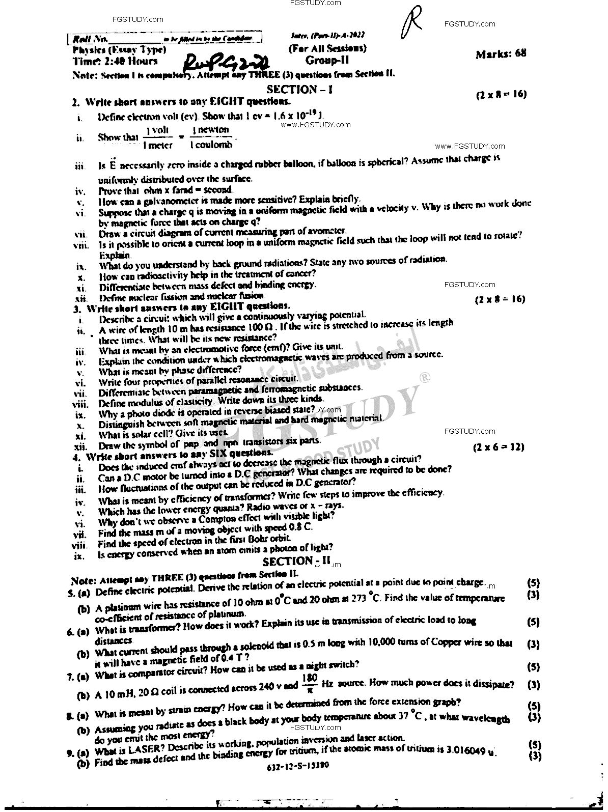 12th Class Physics Past Paper 2022 Rawalpindi Board Group 2 Subjective