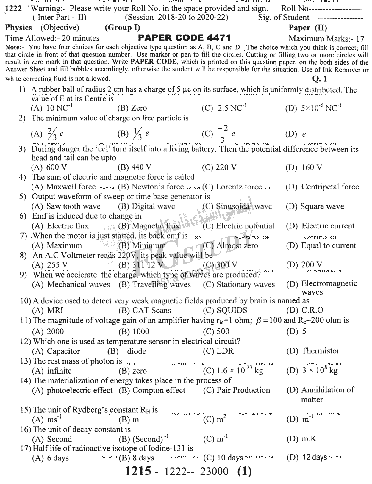 12th Class Physics Past Paper 2022 Sargodha Board Group 1 Objective