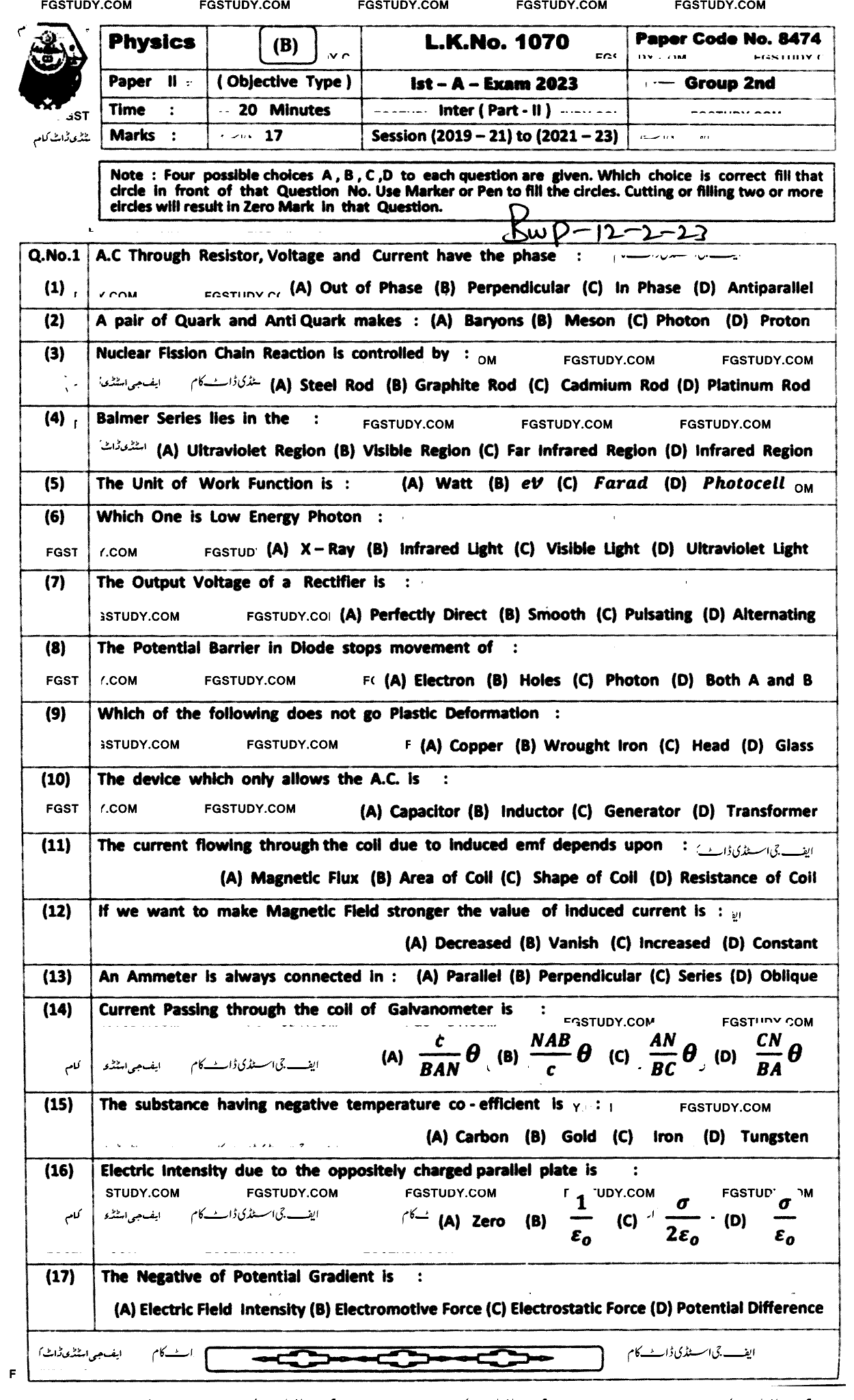 12th Class Physics Past Paper 2023 Bahawalpur Board Group 2 Objective