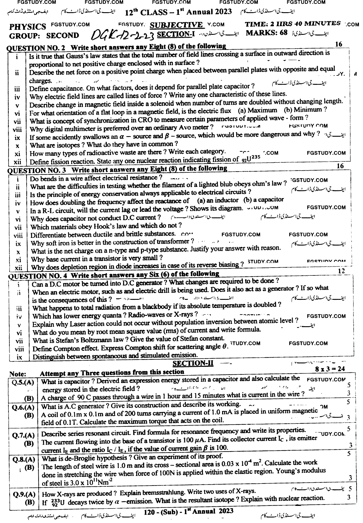 12th Class Physics Past Paper 2023 Dg Khan Board Group 2 Subjective