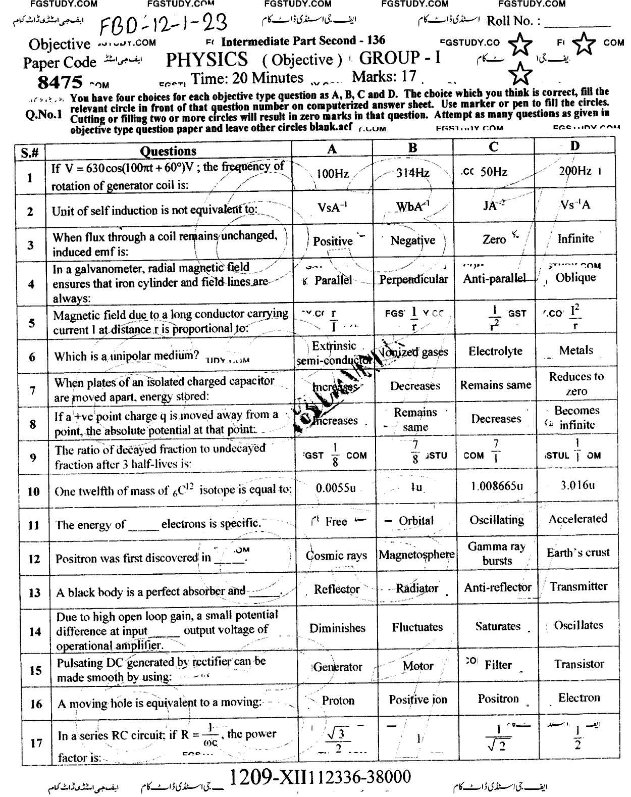 12th Class Physics Past Paper 2023 Faisalabad Board Group 1 Objective