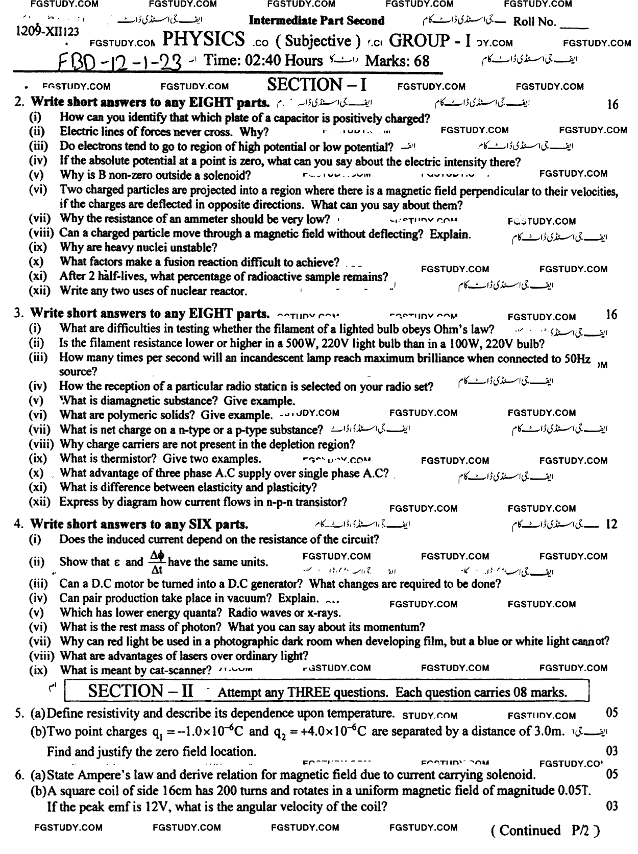 12th Class Physics Past Paper 2023 Faisalabad Board Group 1 Subjective