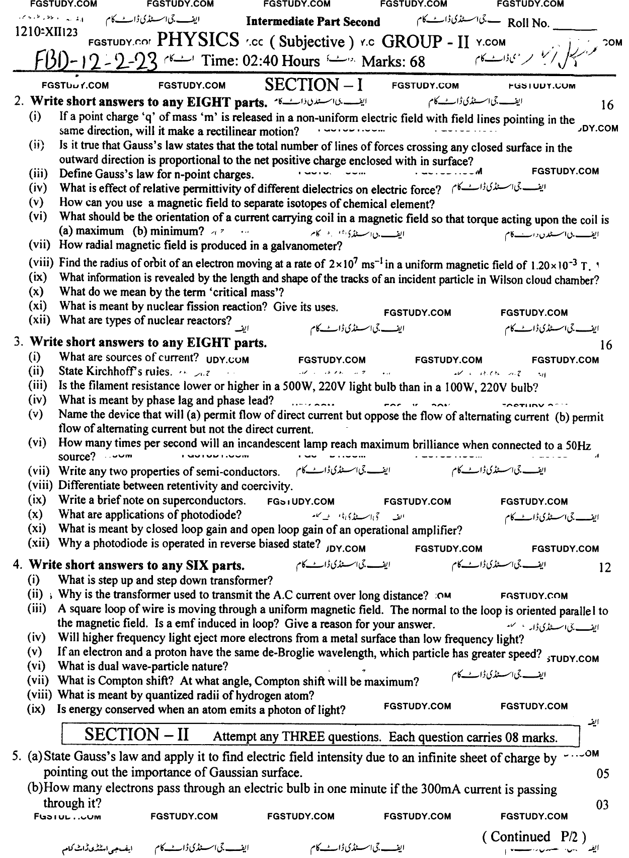 12th Class Physics Past Paper 2023 Faisalabad Board Group 2 Subjective