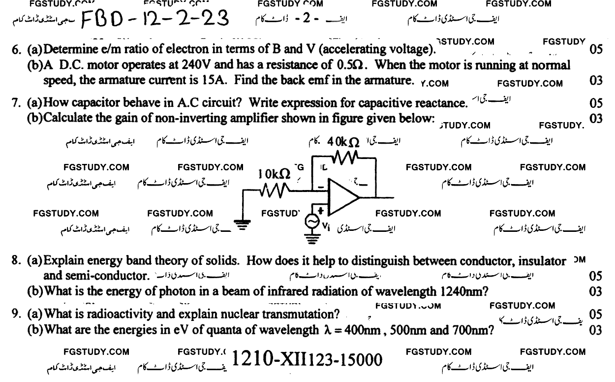 12th Class Physics Past Paper 2023 Faisalabad Board Group 2 Subjective