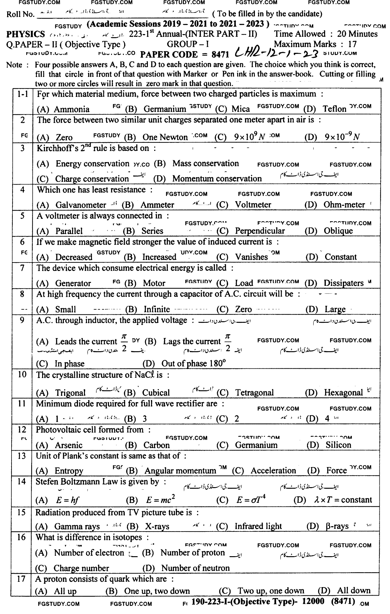 12th Class Physics Past Paper 2023 Lahore Board Group 1 Objective